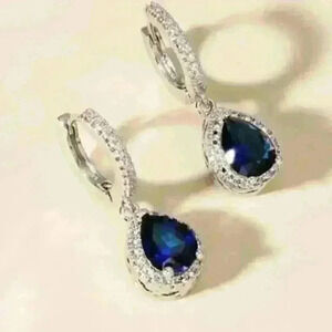 New Blue Gemstones Teardrop Hoop Earrings: Sophisticated Silver-Tone Hoops